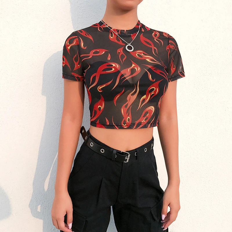 Flame Print Black Mesh See Through Y2k Crop Top for Women Kawaii Girls Vintage 2000s Aesthetic Mall Goth Emo Y2K Sheer Top
Flame Print Black Mesh See Through Y2k Crop Top for Women Kawaii Girls Vintage 2000s Aesthetic Mall Goth Emo Y2K Sheer Top