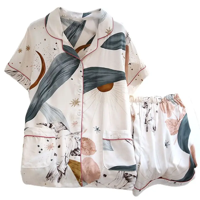 Female Summer Two Piece Pajamas Set Lapel Button Short Sleeve Tops Loose Pants Sleepwear Geometric Leaves Print Nightwear
Female Summer Two Piece Pajamas Set Lapel Button Short Sleeve Tops Loose Pants Sleepwear Geometric Leaves Print Nightwear