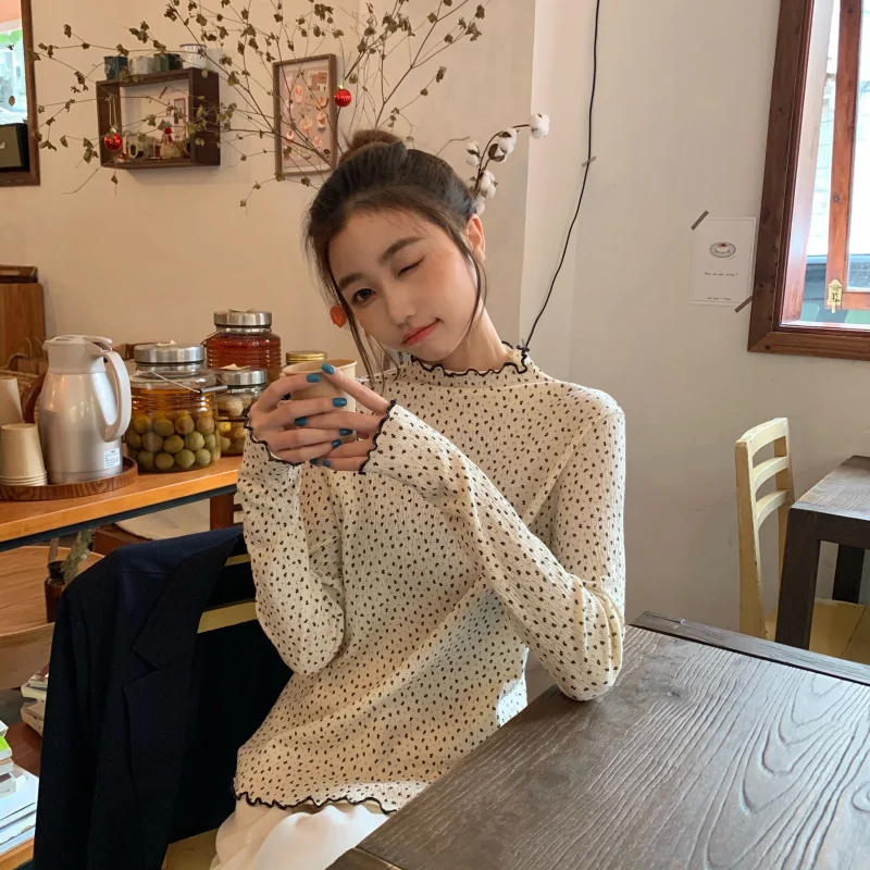 Women Long-sleeved Bottoming Shirt Lotus Leaf Collar Print Slim Tops Turtleneck Blouse Ladies Basic Top Autumn Winter
Women Long-sleeved Bottoming Shirt Lotus Leaf Collar Print Slim Tops Turtleneck Blouse Ladies Basic Top Autumn Winter