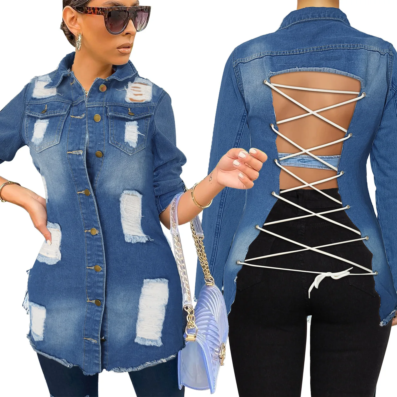 Autumn and winter new women's medium and long casual fashion sexy bandage denim coat
Autumn and winter new women's medium and long casual fashion sexy bandage denim coat