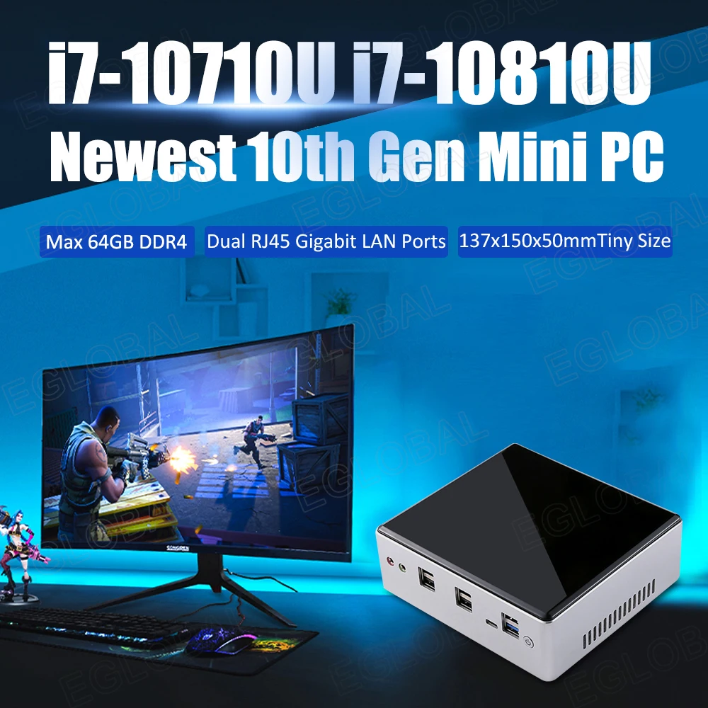 

Eglobal Intel Core 10th i3 10110U i5 10210U i7 10710U Fan Mini PC Dual RJ45 Lan Winows10 Linux Desktop Computer HD DP AC WIFI