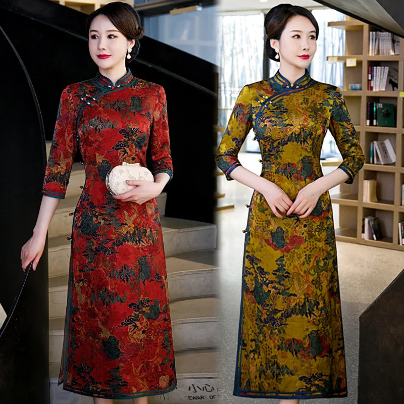 

Classic Vintage Chinese Traditional Dress Sexy Mandarin Collar Cheongsams Women Print Banquet Gown Retro Button Qipao