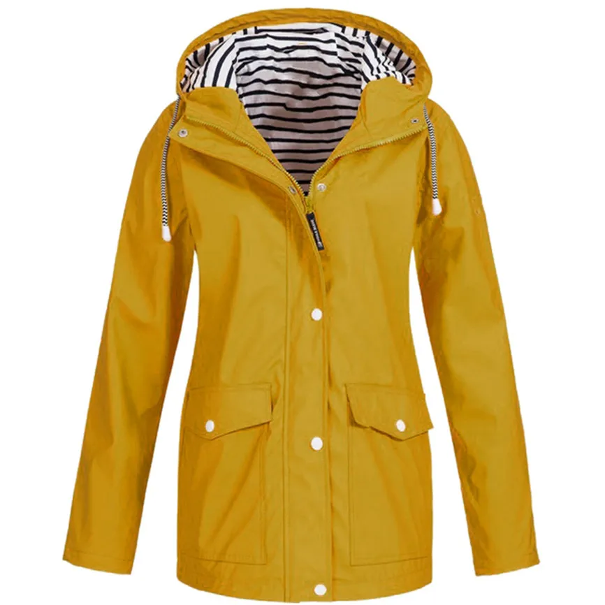 Фото Повседневные куртки с карманами и длинными рукавами Женские однотонные дождевые