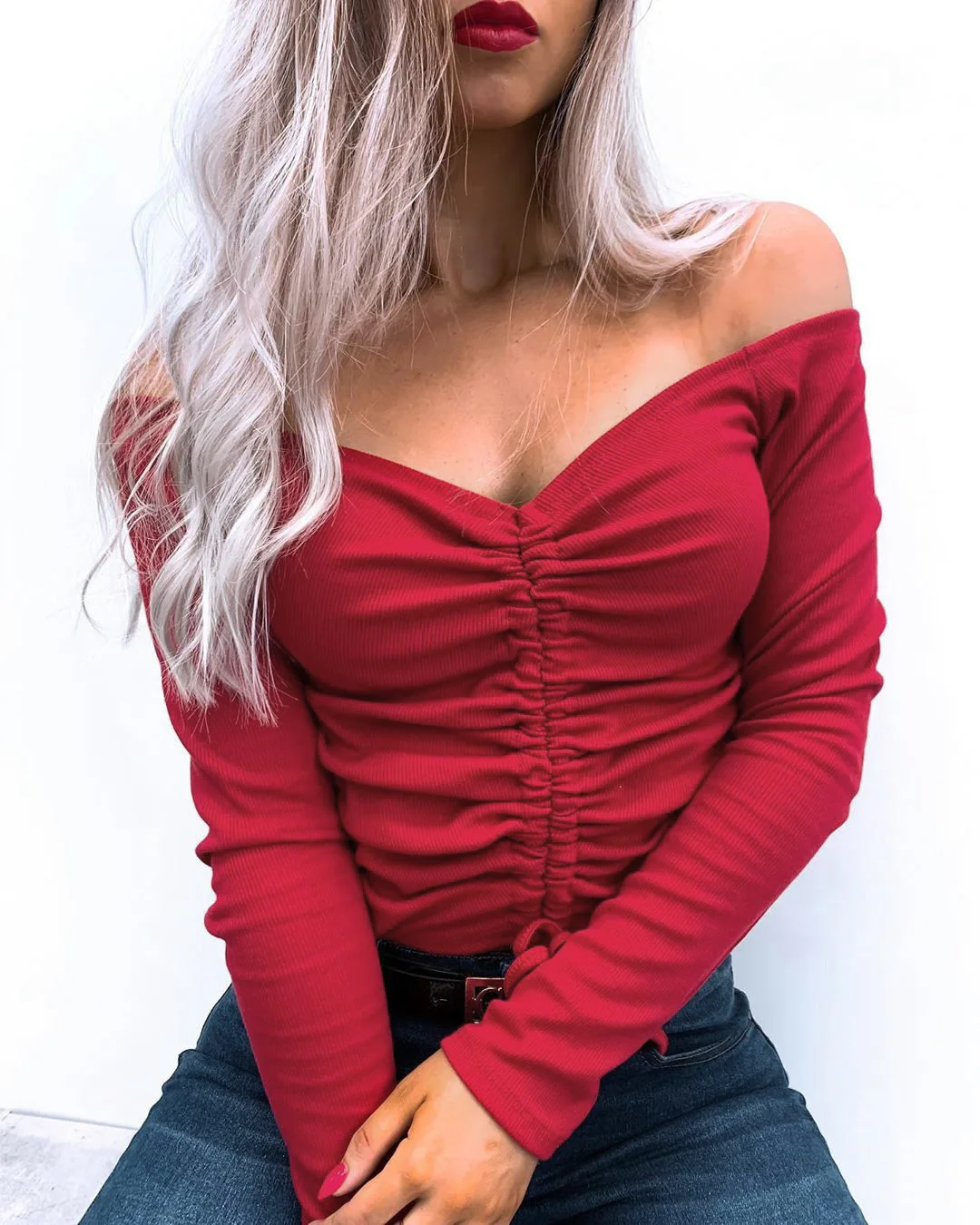 Eur and US autumn/winter Women tops with a simple collar drawstring slim short long sleeve blouse Sexy V-NECK solid T-shirt
Eur and US autumn/winter Women tops with a simple collar drawstring slim short long sleeve blouse Sexy V-NECK solid T-shirt