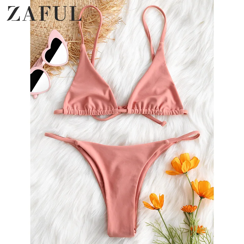 

ZAFUL Swimwear Women Cami Bralette Thong String Bikini Set Sexy Low Waist Tie Spaghetti Straps 2021 Female Beach Swimsuit Biquni