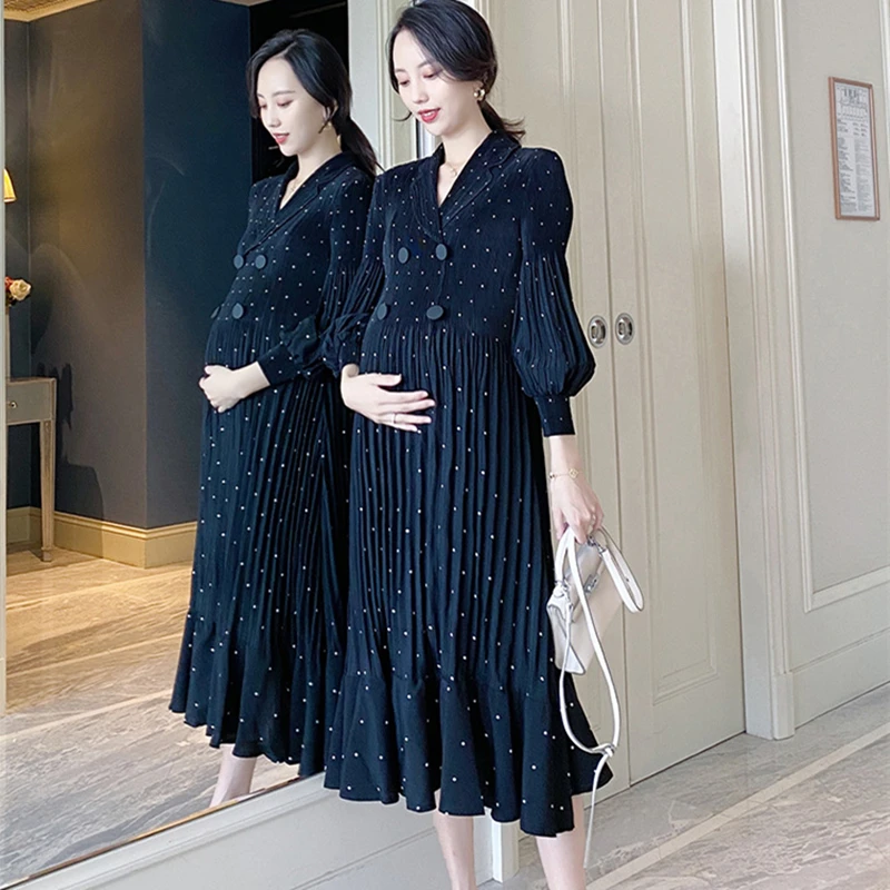 

Maternity Dresses Spring Pregnancy Clothes V Collar Long Sleeve Pregnant Women's Loose Outwear Women Elegant Dots Maternity Gown