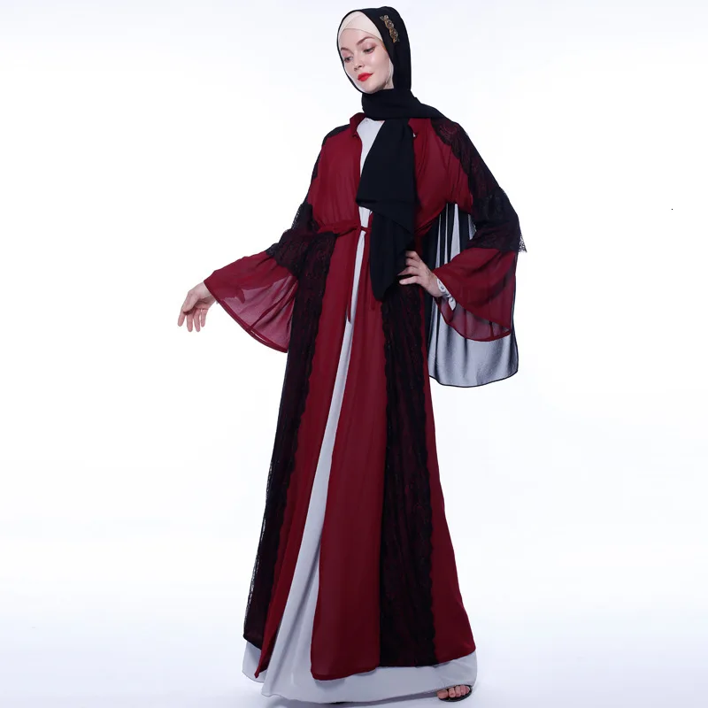Muslim Trumpet Sleeve Ethnic Wind Long Sleeve Cardigan Hit Color Open Abaya Islamic Clothing Hijab Dress Lace Stitching Kaftan
Muslim Trumpet Sleeve Ethnic Wind Long Sleeve Cardigan Hit Color Open Abaya Islamic Clothing Hijab Dress Lace Stitching Kaftan