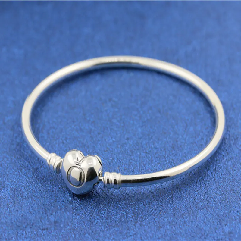 

925 Sterling Silver Smooth Bangle Bracelet with Crown O Clasp For Women Fit European Pandora Charm Beads Jewelry