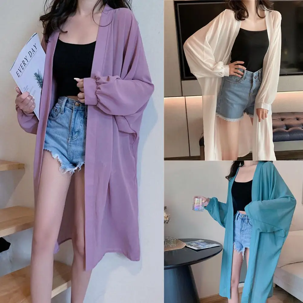 

2021 new Women Summer Sleeve Solid Color Anti Sun Thin Cardigan Midi Coat Female Summer Beach Kimono Long Batwing dropship