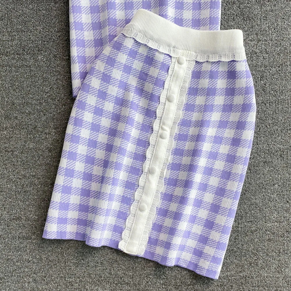 Korean 2021 Purple Summer Retro Plaid Knitted Jacket + High Waist Skirt Women's Sweet Plaid Suit Two piece sets
Korean 2021 Purple Summer Retro Plaid Knitted Jacket + High Waist Skirt Women's Sweet Plaid Suit Two piece sets