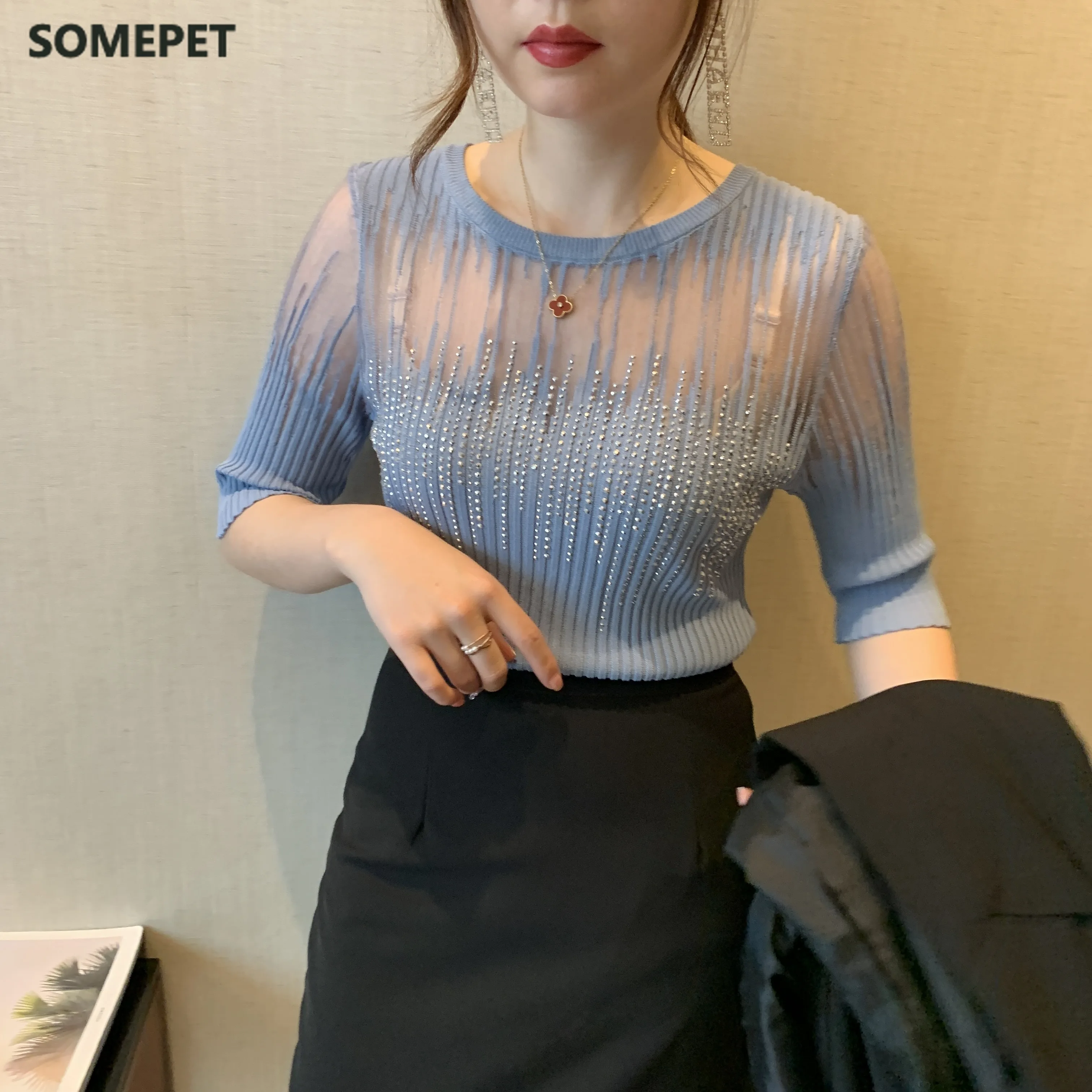 Summer Korean Clothes Knit T-shirt Sexy Diamonds Transparent Women Tops Ropa Mujer Shirt Short Sleeve Elastic Tees
Summer Korean Clothes Knit T-shirt Sexy Diamonds Transparent Women Tops Ropa Mujer Shirt Short Sleeve Elastic Tees