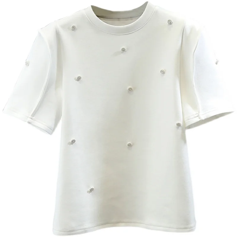 Pearl Beaded Round Neck Pullover Short Sleeve Casual T-shirt Women Loose All-Matching Tees Lady Chic Top White Black Nancylim
Pearl Beaded Round Neck Pullover Short Sleeve Casual T-shirt Women Loose All-Matching Tees Lady Chic Top White Black Nancylim