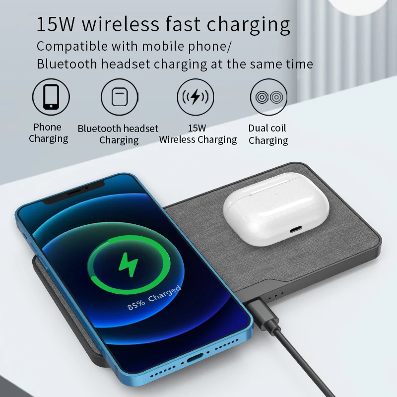 Wireless charger 15W fast charging 2in1 smart phone headset watch charger for Iphone13/12/11/Pro/Max Android universal
Wireless charger 15W fast charging 2in1 smart phone headset watch charger for Iphone13/12/11/Pro/Max Android universal