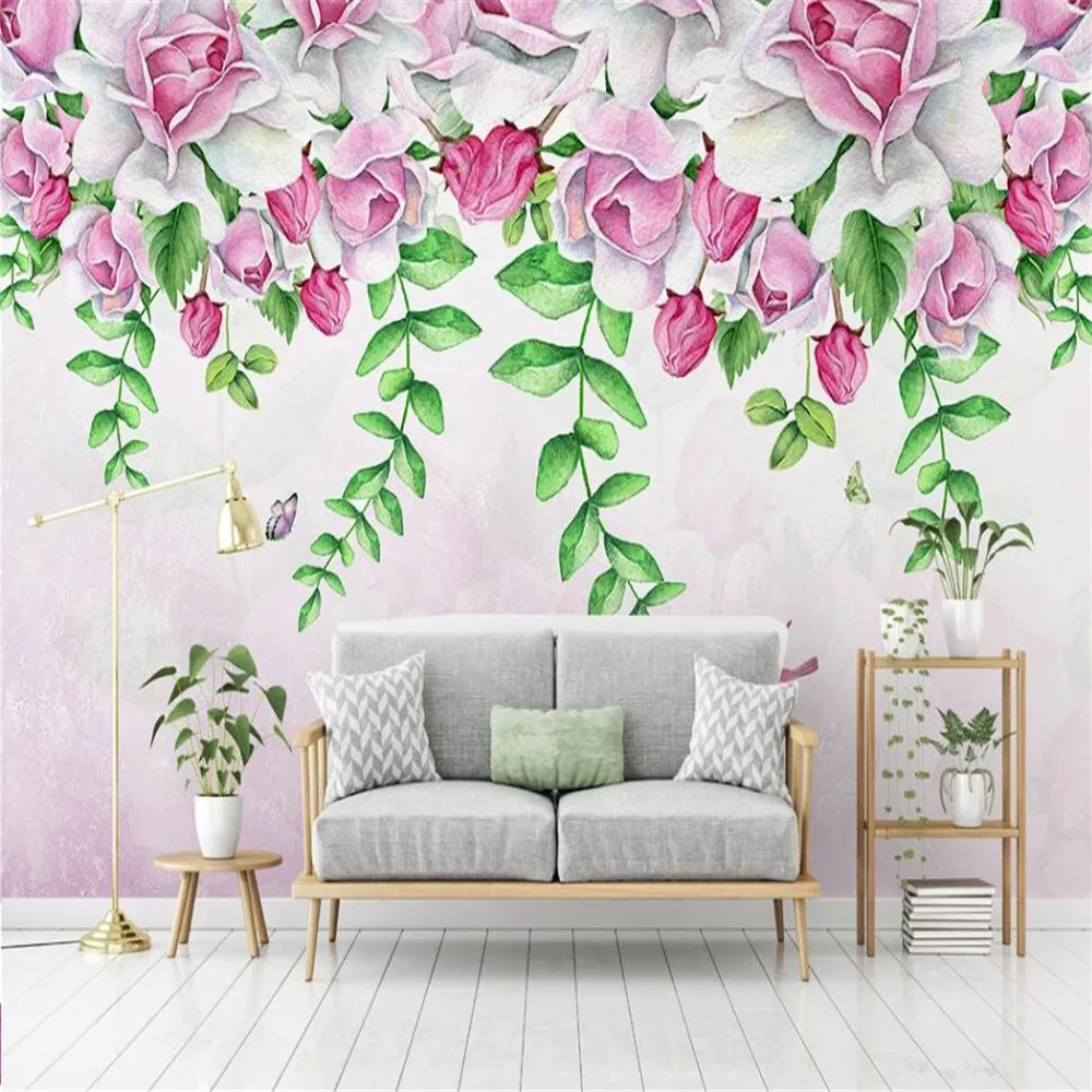 

Milofi custom 3D wallpaper mural Nordic simple pink flowers birds and butterflies background wall for living room bedroom decora