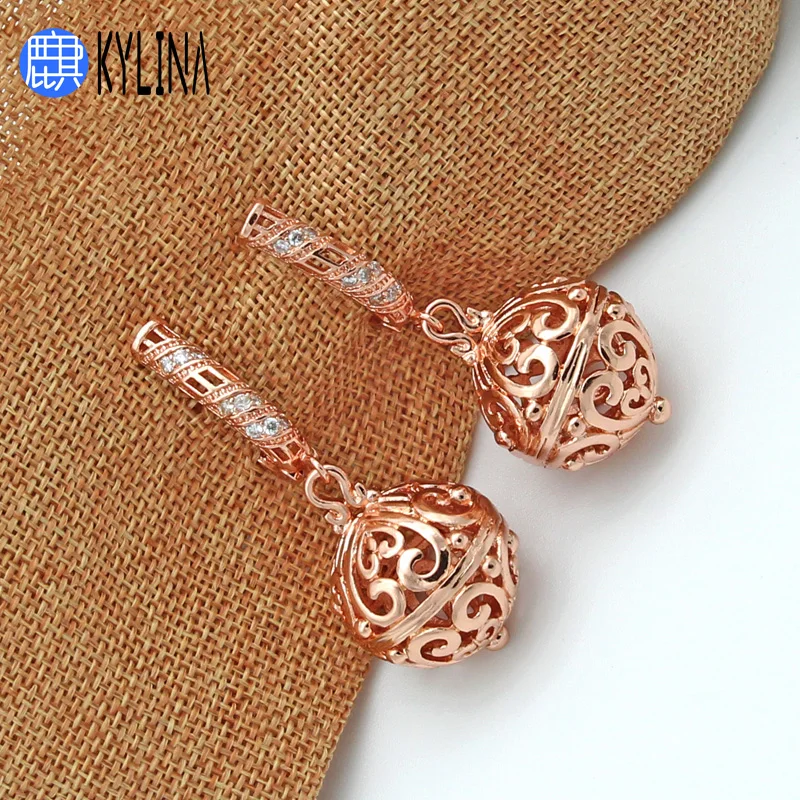 KYLINA 585 Rose Gold Large Vintage Ethnic Hollow Ball Dangle Earrings For Women Girl Wedding Party Fine Anti-allergy Jewelry | Украшения и