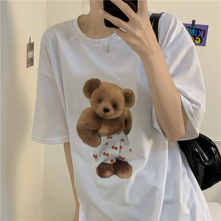 YTX1025 2021 summer new Korean style loose wild white short-sleeved bear print T-shirt women
YTX1025 2021 summer new Korean style loose wild white short-sleeved bear print T-shirt women
