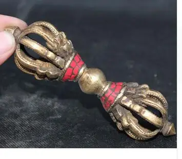 

Pure Copper Gilt Brass Old Tibet Religion Tibet Buddhism Turquoise BRASS Gilt Dagger Phurba Dagger Holder statue