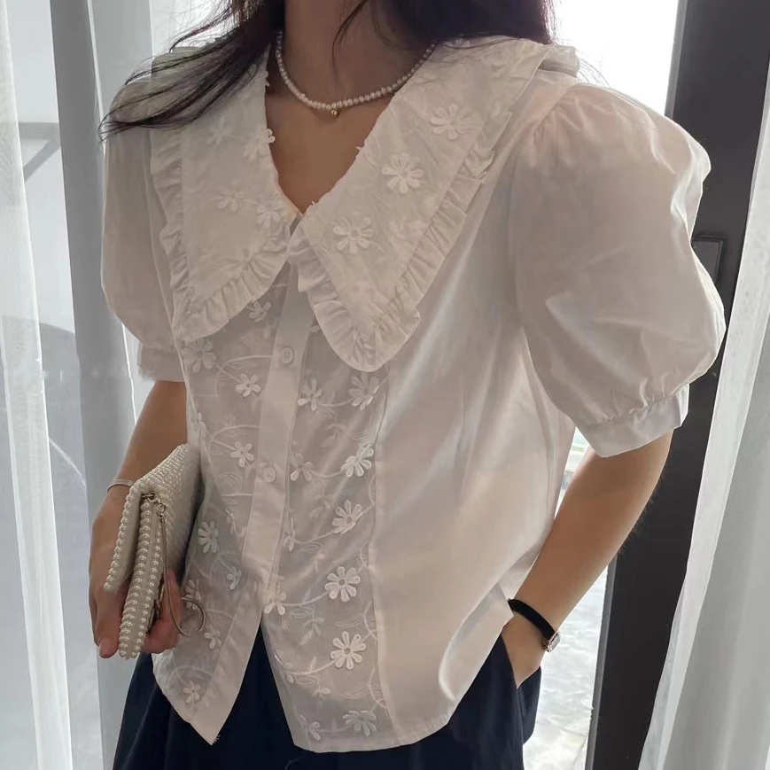 

HziriP French Vintage White Peter Pan Collar Brief Prom 2021 Office Lady Loose Comfortable Casual Chic Femme All-Match Shirts