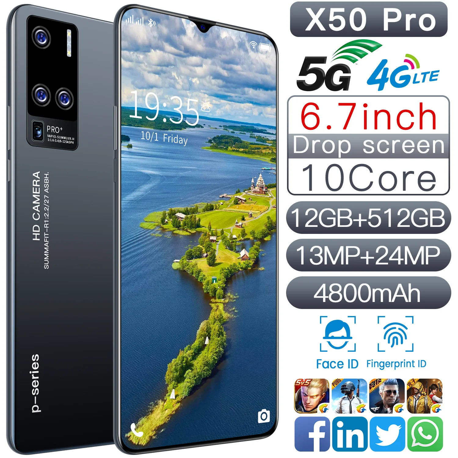 X50 Pro Smartphone 6.7 Inch 4800mAh 12GB+512GB 10 Core 13MP+24MP Fingerprint Face Recognition Unlock Dual SIM Dual Standby Phone
X50 Pro Smartphone 6.7 Inch 4800mAh 12GB+512GB 10 Core 13MP+24MP Fingerprint Face Recognition Unlock Dual SIM Dual Standby Phone
