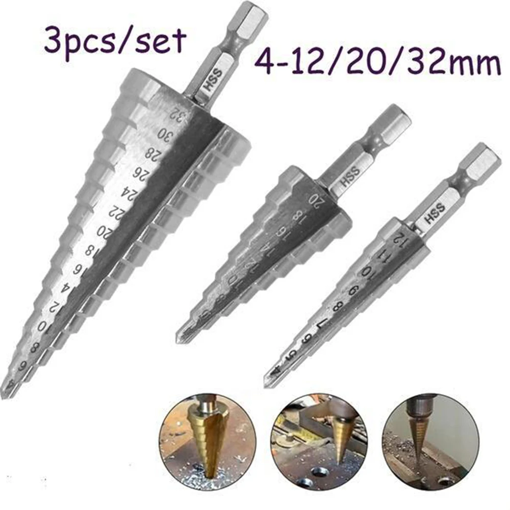 3Pcs HSS Steel Titanium Spiral Step Cone Drill Bit Nitride Coated 4-32mm Metal Hole Cutter Woodworking Drilling Set
3Pcs HSS Steel Titanium Spiral Step Cone Drill Bit Nitride Coated 4-32mm Metal Hole Cutter Woodworking Drilling Set
