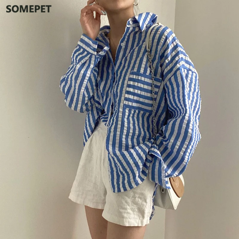 Striped Shirts Women Turn Down Collar Long Sleeve Vintage Blouse Single Breasted Korean BF Style Tops Blusas
Striped Shirts Women Turn Down Collar Long Sleeve Vintage Blouse Single Breasted Korean BF Style Tops Blusas