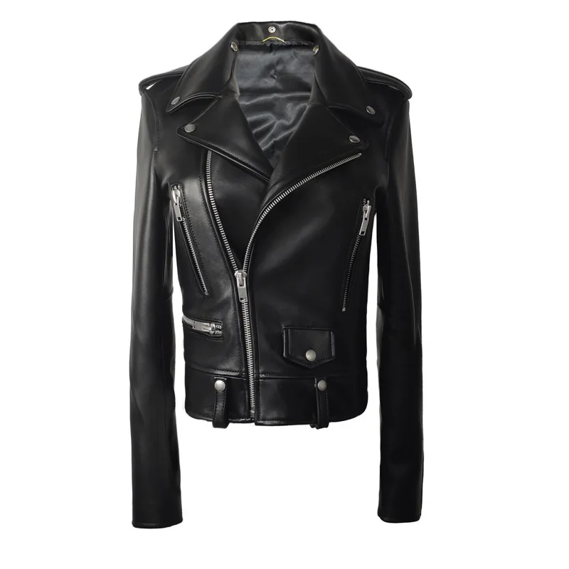 women's leather jacket short slim fitting motorcycle Haining sheep leather leather leather jacket new