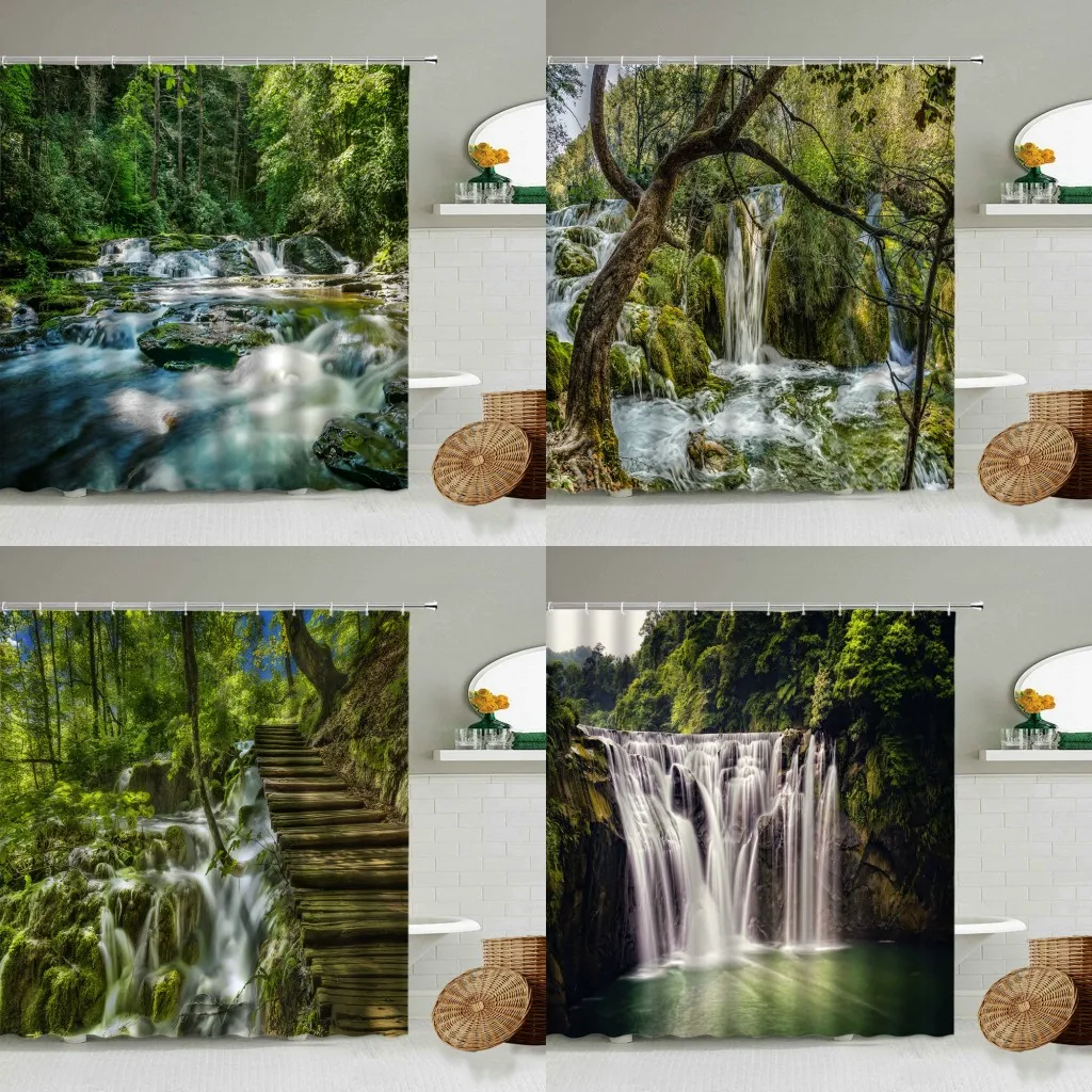 

Waterfall Forest Shower Curtain National Park Green Planting Trees Natural Scenery Bathroom Decor With Hook Waterproof Screen