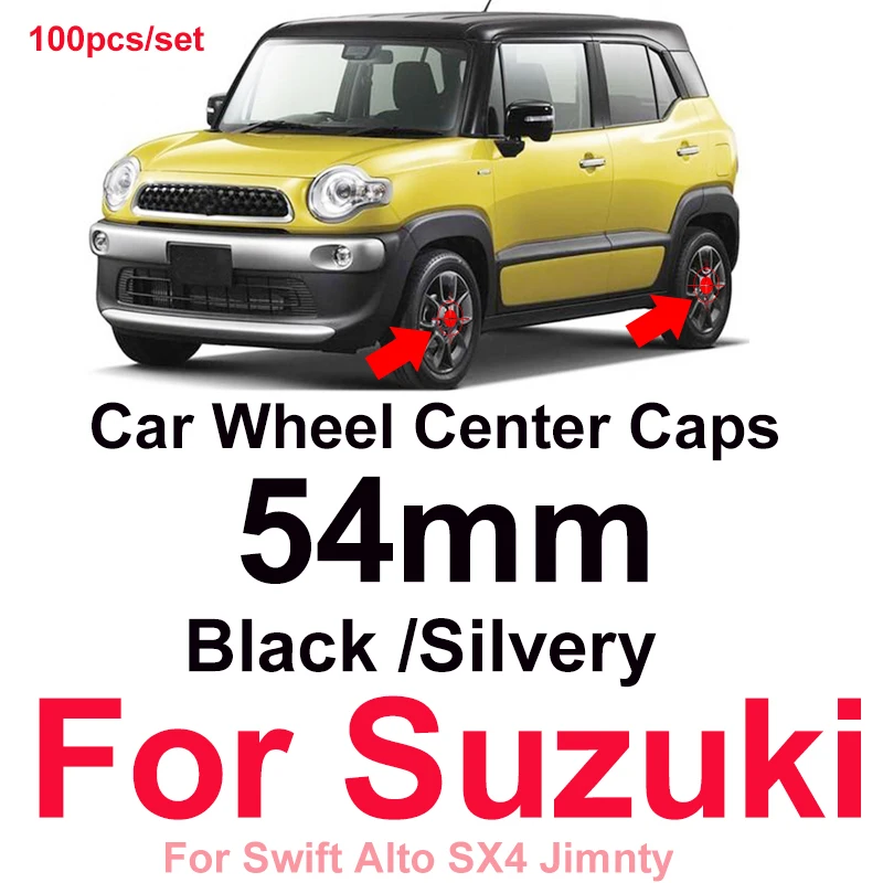 

100pcs Car Accessory 54mm Wheel Hub Cover Auto EmbLem Wheel Center Caps 5.4CM Black/Silvery for Suzuki Swift Alto SX4 Jimnty