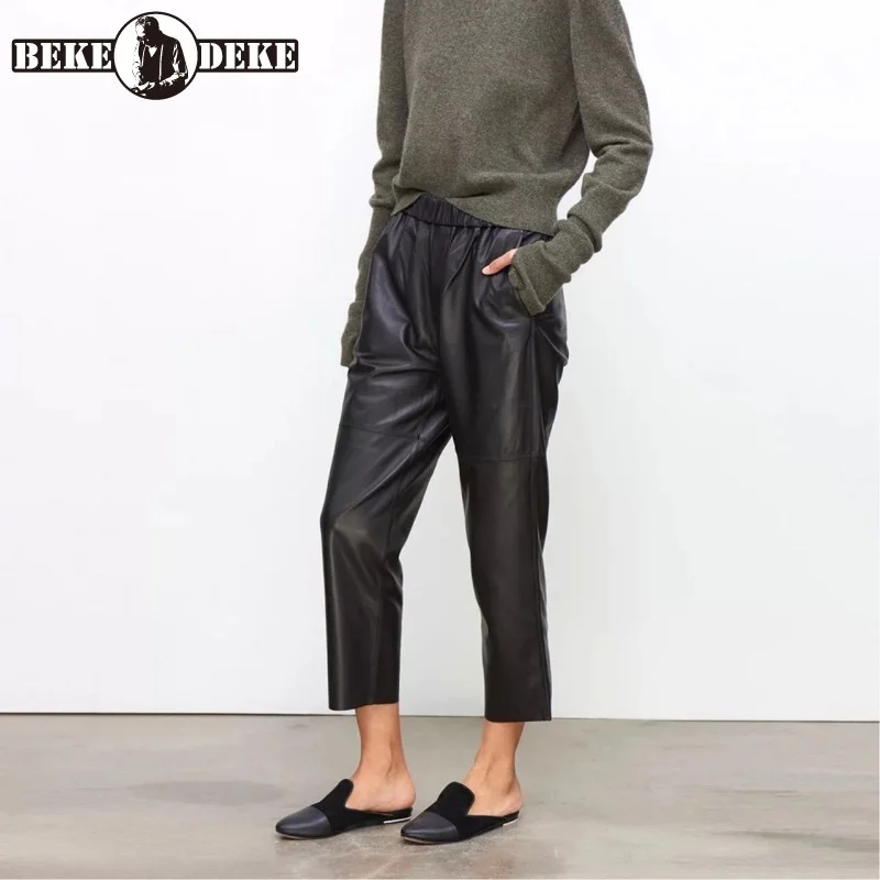 Womens New Genuine Leather Ankle Length Pants Elastic Waist Pockets Spliced Loose Fashion Vintage Female Pants High Street
Womens New Genuine Leather Ankle Length Pants Elastic Waist Pockets Spliced Loose Fashion Vintage Female Pants High Street