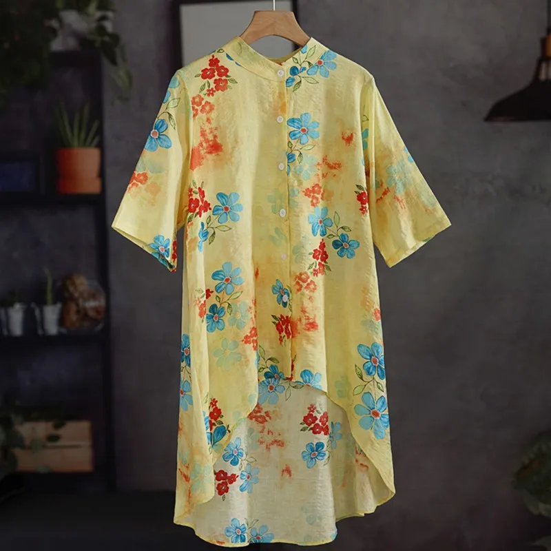 Women Cotton Linen Casual Shirts New 2021 Summer Vintage Style Stand Collar Floral Print Loose Female Half Sleeve Tops B217
Women Cotton Linen Casual Shirts New 2021 Summer Vintage Style Stand Collar Floral Print Loose Female Half Sleeve Tops B217