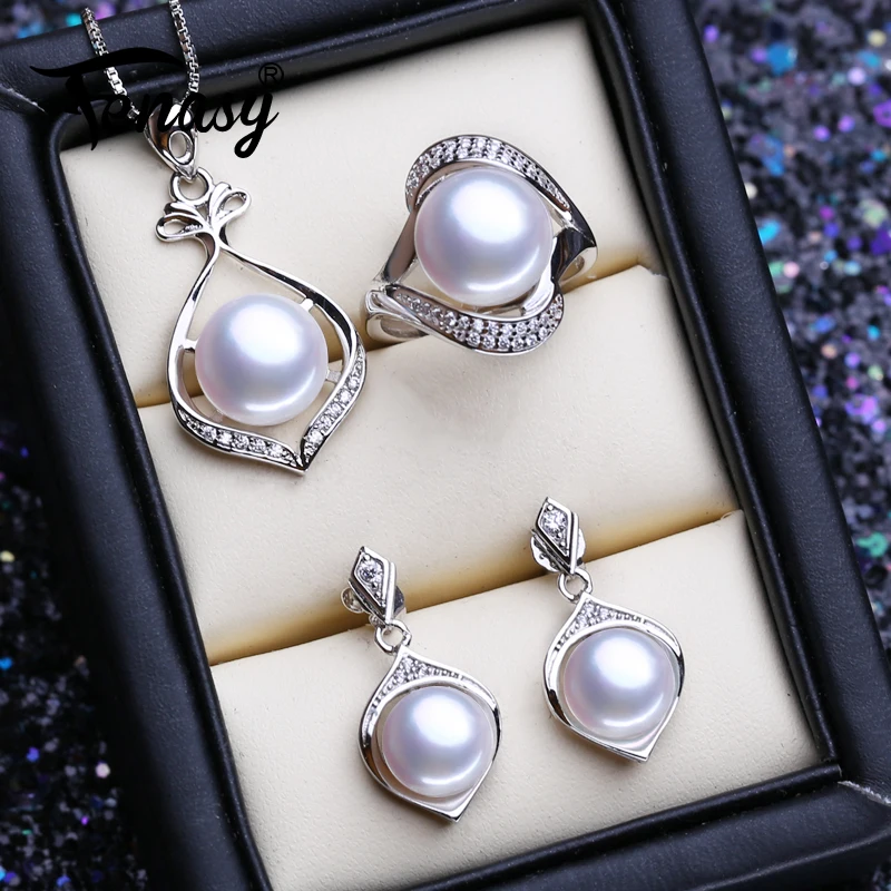

FENASY 925 Sterling Silver Wedding Jewelry Sets Natural Pearl Pendant Necklaces For Women Fashion Stud Earrings Big Rings