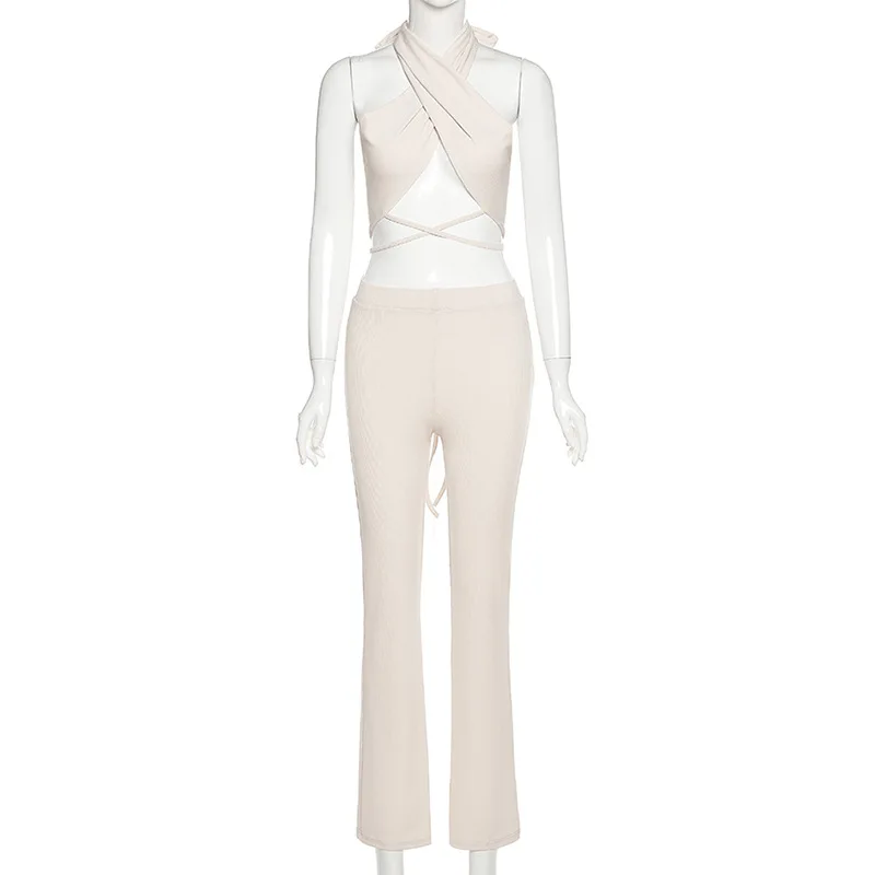 Sexy Knit 2 Two Piece Set Cross Halter Crop Top Flare Pants Going Out Night Club Vaction Outfits for Women
Sexy Knit 2 Two Piece Set Cross Halter Crop Top Flare Pants Going Out Night Club Vaction Outfits for Women