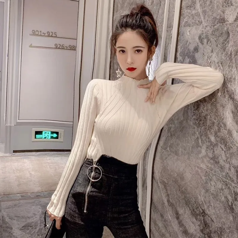 Черный джемпер свитер корейской версии длинный рукав свободный женский узкий 7