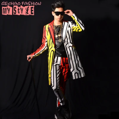 Мужской длинный костюм в полоску, красный, желтый, белый костюм для ночного клуба, одежда для мужчин
Мужской длинный костюм в полоску, красный, желтый, белый костюм для ночного клуба, одежда для мужчин