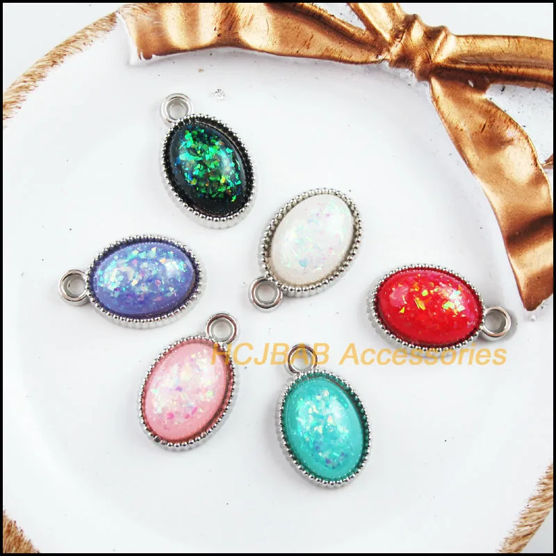 

24 New Acrylic Charms Dull Silver Plated Retro Mixed Oval Resin Pendants 13x21mm