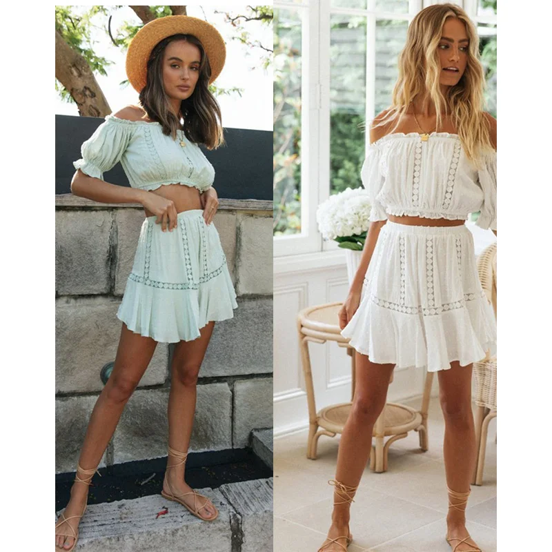 white Summer shorts skirt sets two piece set slash neck lace hollow out patchwork sexy women mini skirts y2k jupe faldas 2021
white Summer shorts skirt sets two piece set slash neck lace hollow out patchwork sexy women mini skirts y2k jupe faldas 2021