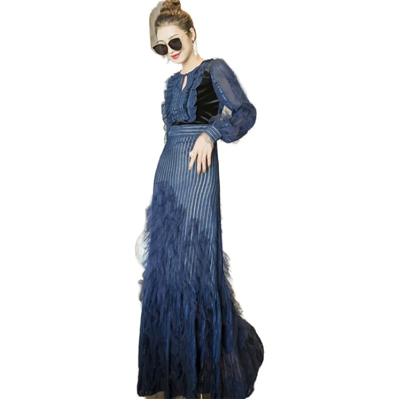 / summer 2020 wholesale stripe chiffon slim fitting dress stitching Ruffle long sleeve high-end women's long 
/ summer 2020 wholesale stripe chiffon slim fitting dress stitching Ruffle long sleeve high-end women's long