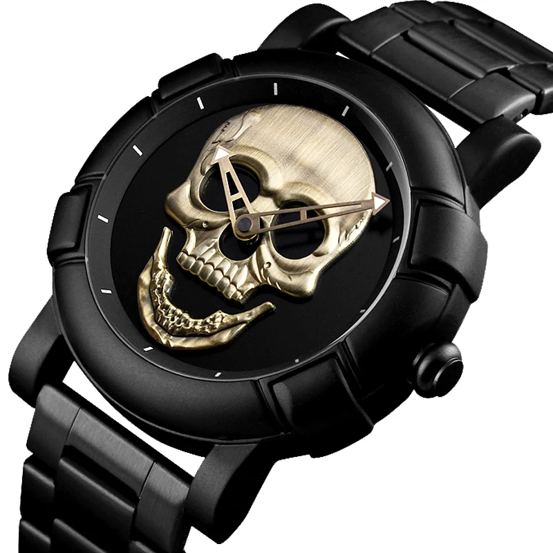 

Steampunk Big Dial Skull Watch Men 3D Skeleton Engraved Gold Black for Man Fashion Punk Rock Dial Clock Gift relogio masculino