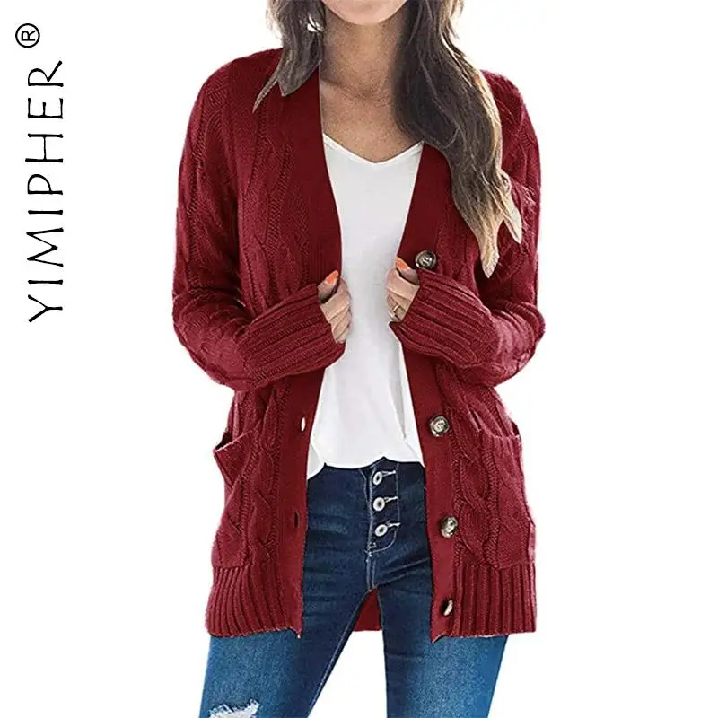 Женский вязаный кардиган на пуговицах, Повседневный Кардиган с длинным рукавом, кардиган с карманами, уличный свитер с узором, Осень-зима 
Женский вязаный кардиган на пуговицах, Повседневный Кардиган с длинным рукавом, кардиган с карманами, уличный свитер с узором, Осень-зима