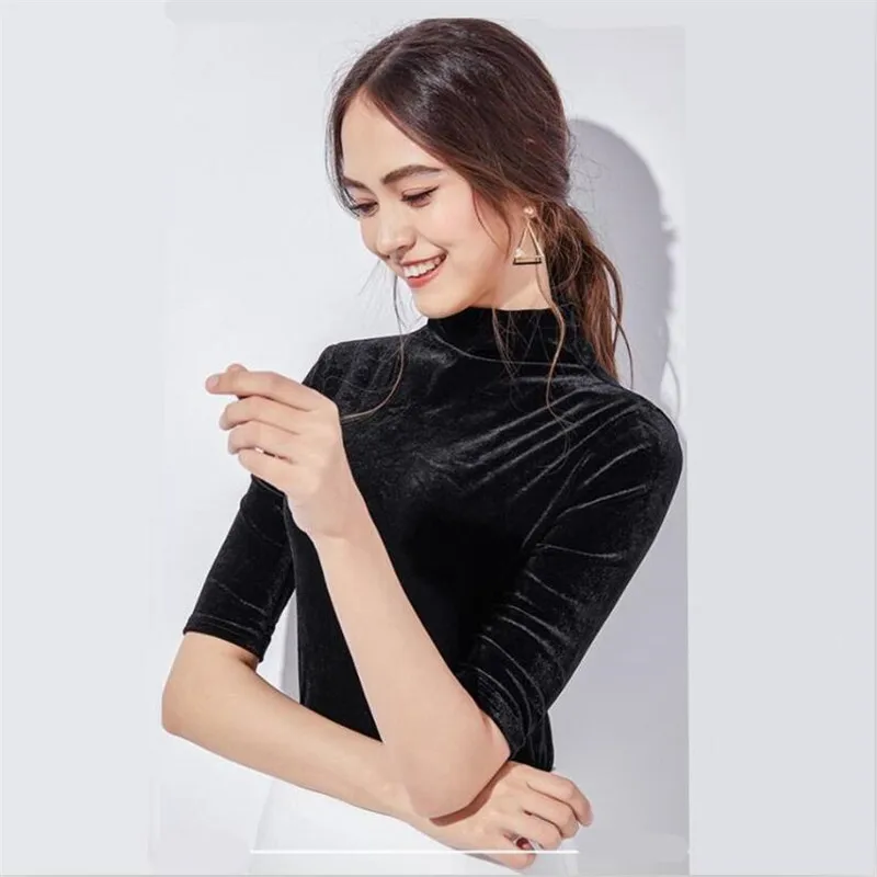 England Style Women Solid Velour T-shirts Turtleneck Half Sleeves Vintage Elegant High Street Velvet Tops 
England Style Women Solid Velour T-shirts Turtleneck Half Sleeves Vintage Elegant High Street Velvet Tops