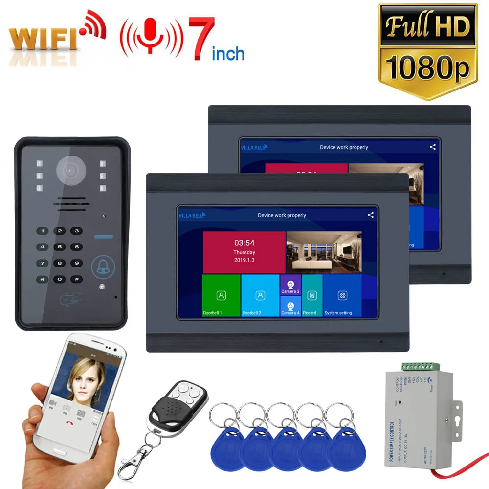 

7inch Wireless Wifi 2 Monitors RFID Password Video Door Phone Doorbell Intercom Entry System with Wired IR-CUT 1080P Wired Camer