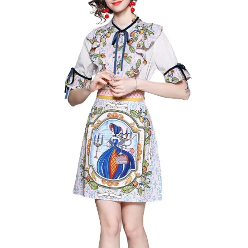 PERHAPS U Women Vintage Two Piece Set Ribbons Bow Ruffles Print Shirt Hand-Painted Spliced A-Line Short Skirt Dress Set T3058
PERHAPS U Women Vintage Two Piece Set Ribbons Bow Ruffles Print Shirt Hand-Painted Spliced A-Line Short Skirt Dress Set T3058