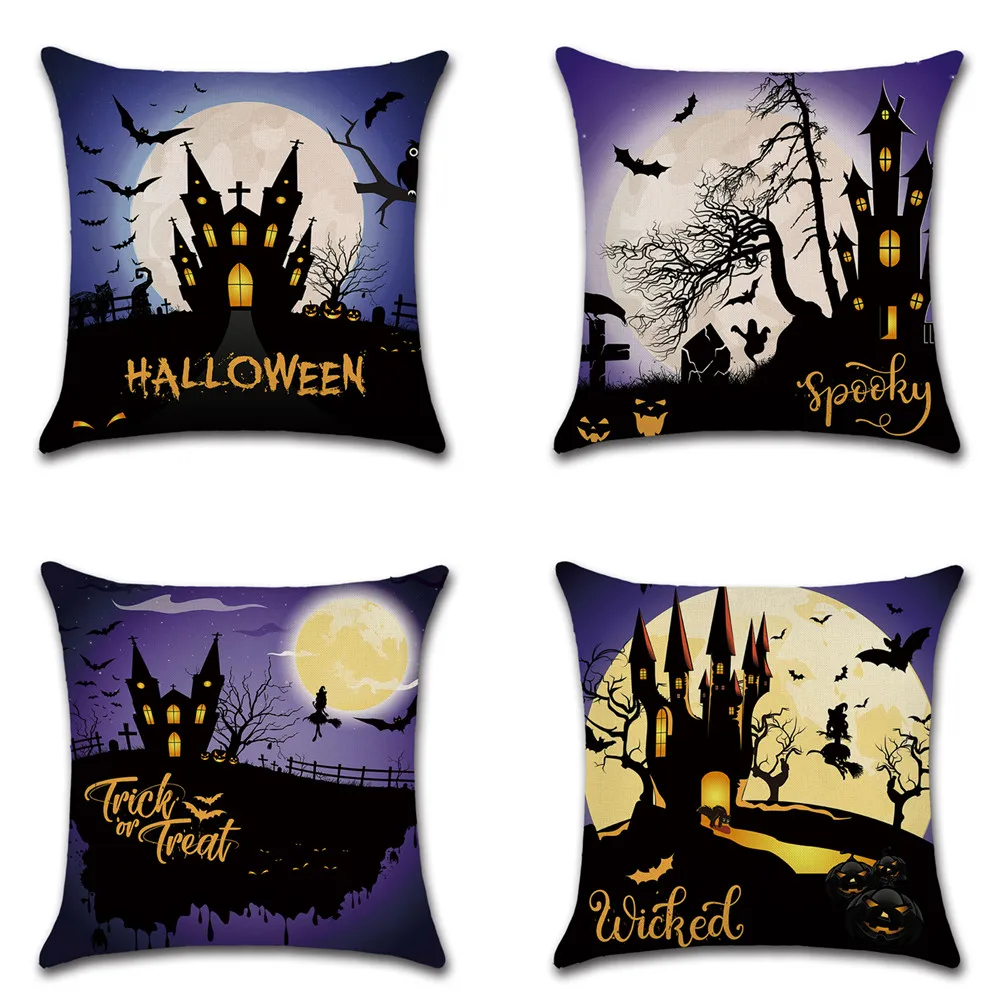 

Happy Halloween Night Castle Witch Bat Moon Print Pillowcase Home Decoration Linen Sofa Pillow Case Car Cushion Cover Hot Sale