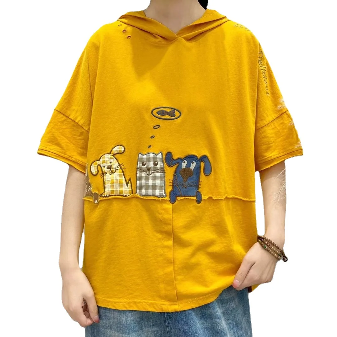 Women Summer Fashion Hooded t-Shirt Female Vintage Cartoon Animal Patchwork Embroidery Short Sleeve Casual Loose Cotton Top Tees
Women Summer Fashion Hooded t-Shirt Female Vintage Cartoon Animal Patchwork Embroidery Short Sleeve Casual Loose Cotton Top Tees