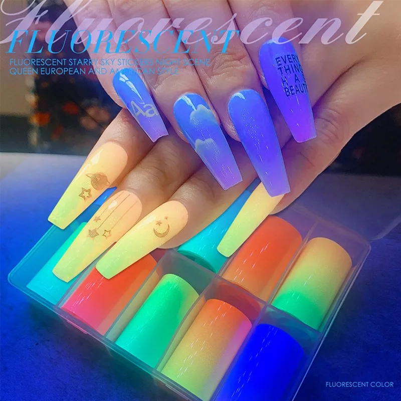 10 Rolls Fluorescent Nail Foils Transfer Stickers, Glow in Night, 10 Colors Holographic Fire Nail Design for Acrylic Nails NTF19
10 Rolls Fluorescent Nail Foils Transfer Stickers, Glow in Night, 10 Colors Holographic Fire Nail Design for Acrylic Nails NTF19