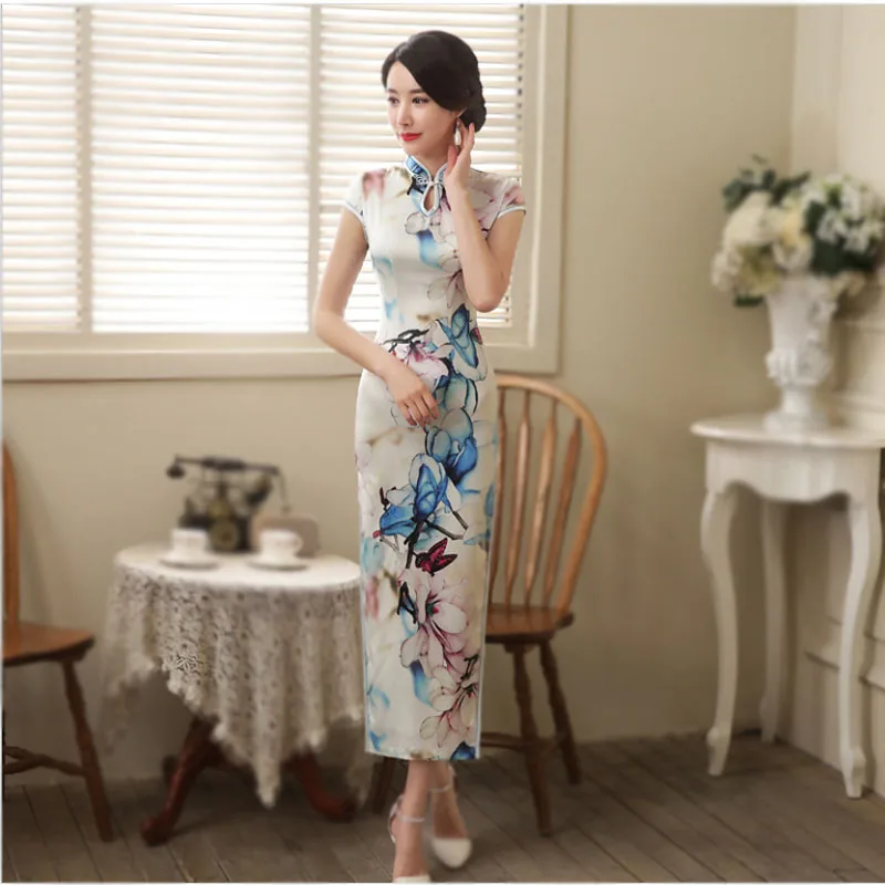 

Women's fashion long Chi-pao retro improved Chinese ins slim fitting evening dress costumes summer cheongsam with two side vents