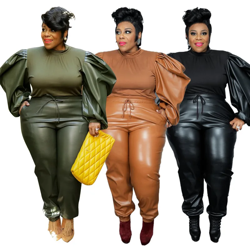 Plus Size Women PU Outfits Fashion Casual Two-pices Set Patchwork Long Sleeves Top + High Waist Pants Oversize Suits 5XL 2022
Plus Size Women PU Outfits Fashion Casual Two-pices Set Patchwork Long Sleeves Top + High Waist Pants Oversize Suits 5XL 2022