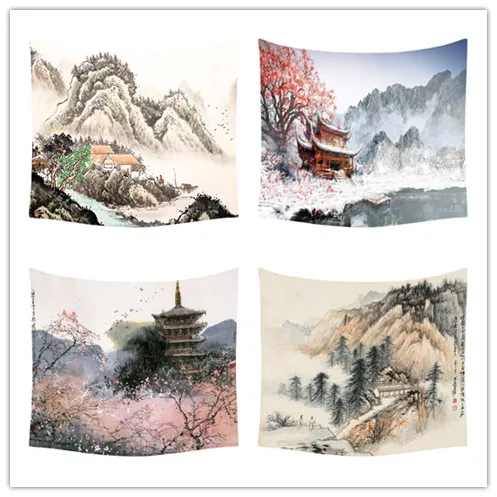 

Chinese Landscape Watercolor Painting Mountains And Pines snowscape flower Colorful Wall Hanging Tapestry
