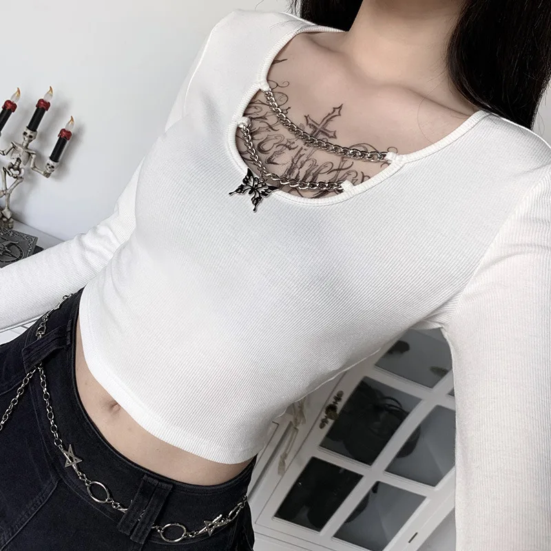 Gothic Punk Bodycon Butterfly Pendant Women T-shirts Punk T-shirt Knitted Long Sleeve Crop Tops Lady Solid Black White Basic Top
Gothic Punk Bodycon Butterfly Pendant Women T-shirts Punk T-shirt Knitted Long Sleeve Crop Tops Lady Solid Black White Basic Top