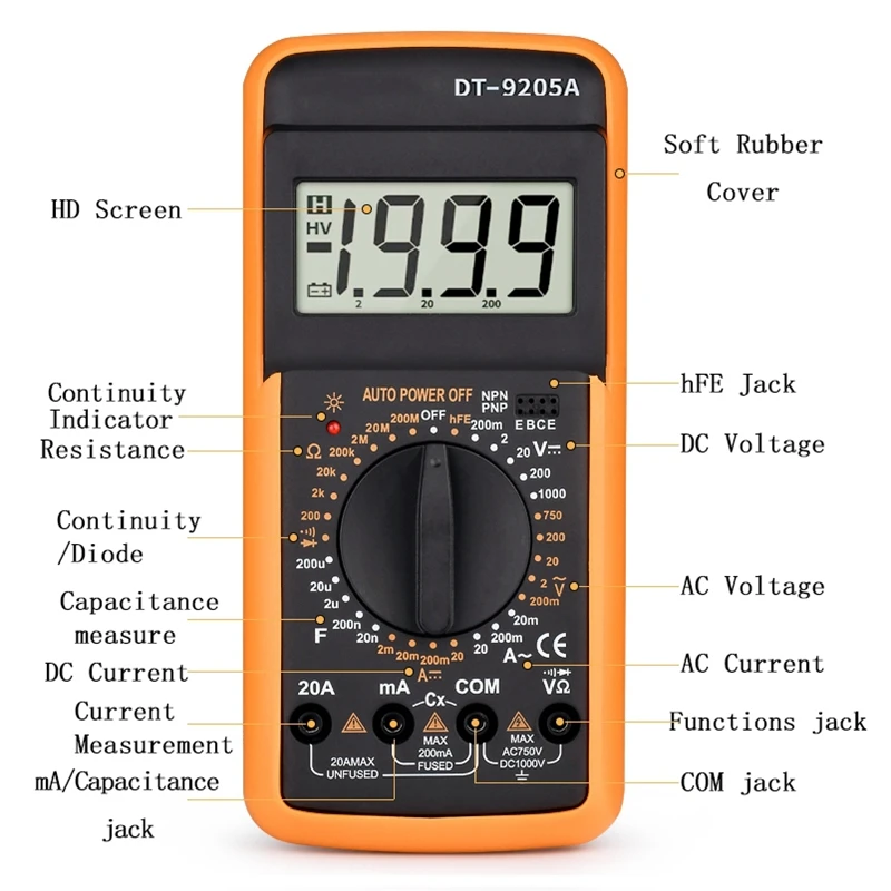 Professional Multimeter Digital DT9205A Manual Tester HFE Capacitance AC DC 1000V 20A Voltage Meter Transistor Tester
Professional Multimeter Digital DT9205A Manual Tester HFE Capacitance AC DC 1000V 20A Voltage Meter Transistor Tester